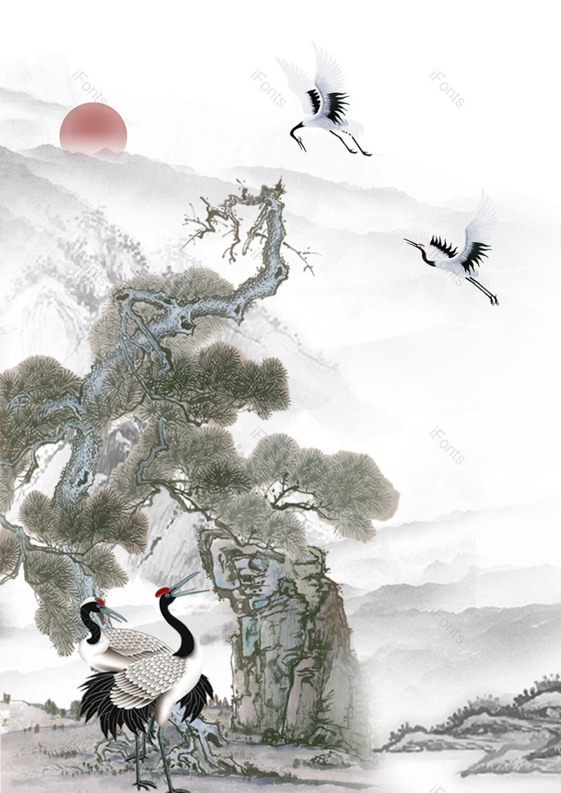 中国风意境仙鹤山水画春分海报背景,插画/手绘图,插画/手绘图库,插画/手绘图下载,插画/手绘